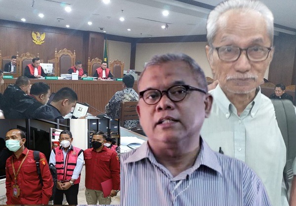 Ket. Foto: Tersangka Muhammad Khayam (Diborgol Kejaksaan), Pakar Hukum, Dr. Abdul Fickar Hadjar (Tengah) dan Terdakwa Fridy Juwono (Kanan)