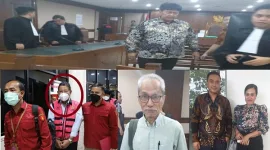 Foto Latar Terdakwa Fredy Juwono dan foto bawah tersangka M. Khayam, F Tonny Tanduk dan Kuasa Hukum Fredy Juwono Advokat Nuni Rahmawati, SH, MH dan Rhama Rizky Vianto, SH, MH