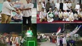 Keterangan Foto: Ketua RW 024, Sahid Sutomo Menyerahkan Hadiah Pemenang Lomba Juara 1, Kreasi Pawai 1 Muharram 1445 H Kepada Ketua RT04, Hartono dan Foto Bersama Jajaran Pengurus DKM Masjid Abubakar Asidiq Dengan Para Ketua RT 01 Sampai RT 08