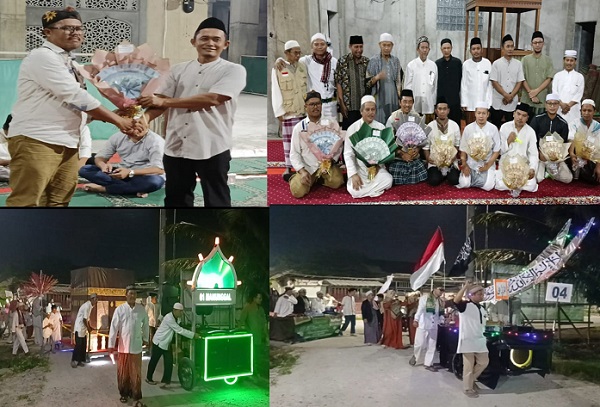 Keterangan Foto: Ketua RW 024, Sahid Sutomo Menyerahkan Hadiah Pemenang Lomba Juara 1, Kreasi Pawai 1 Muharram 1445 H Kepada Ketua RT04, Hartono dan Foto Bersama Jajaran Pengurus DKM Masjid Abubakar Asidiq Dengan Para Ketua RT 01 Sampai RT 08