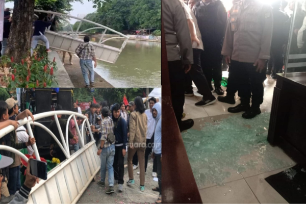 Foto Saat Masa Aksi Demo Buang Pagar DPRD Kota Bekasi ke Kali Bekasi