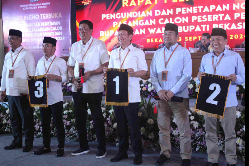 Komisi Pemilihan Umum Kabupaten Bekasi menggelar rapat pleno terbuka pengundian dan penetapan nomor urut pasangan calon Bupati dan Wakil Bupati Bekasi tahun 2024